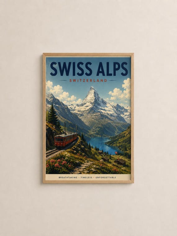 Vintage Swiss Alps Travel Poster Alpine Mountain Wall Art Print