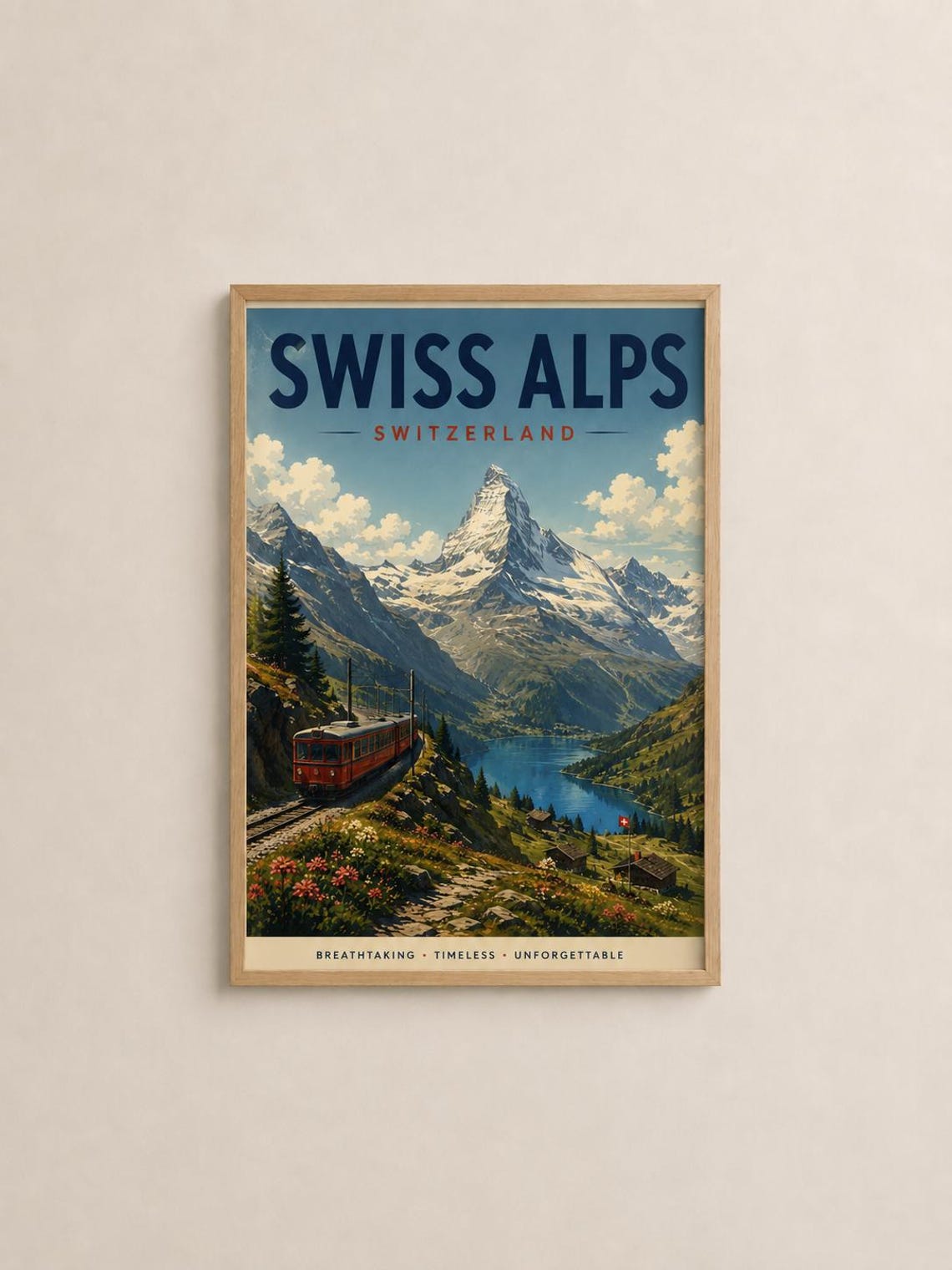 Swiss Alps Switzerland Matterhorn Red Train Vintage Mountain Poster