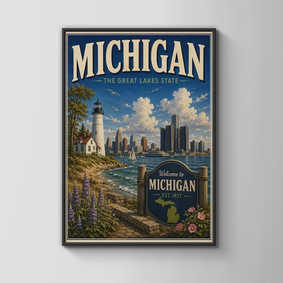 Michigan The Great Lakes State Vintage Travel Lighthouse Detroit Skyline Poster