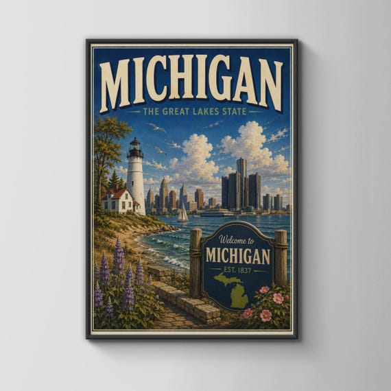 Michigan Vintage Travel Poster Great Lakes State Wall Art Lighthouse Detroit Print