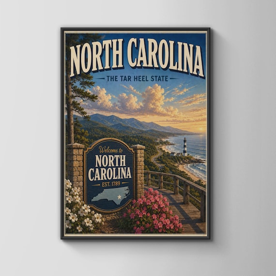 North Carolina The Tar Heel State Vintage Travel Lighthouse Coastline Poster
