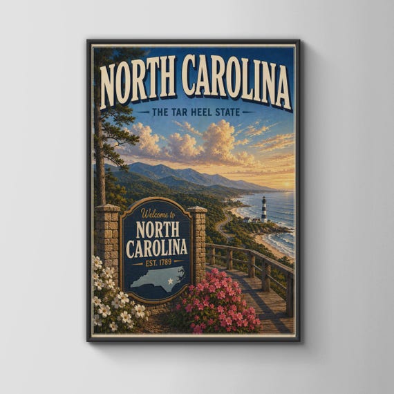 North Carolina Travel Poster Tar Heel State Wall Art Vintage Style Nc Print