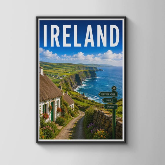 Ireland Travel Poster Cliffs Of Moher Galway Dingle Irish Coastal Wall Art Print