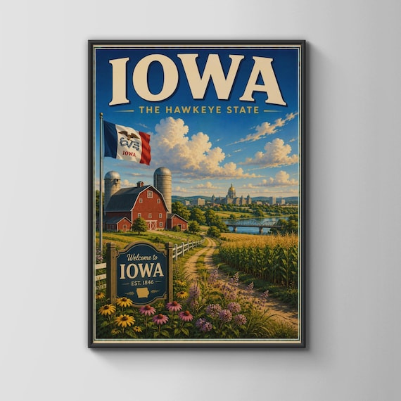 Iowa The Hawkeye State Red Barn Cornfield Vintage Travel Poster