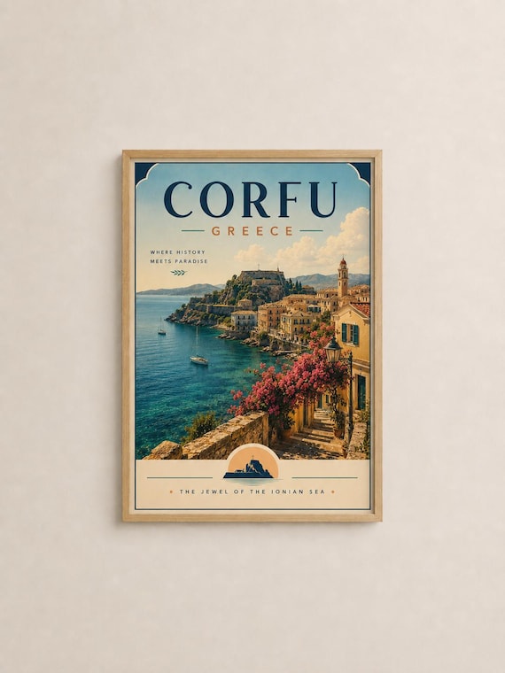 Corfu Greece Ionian Old Town Harbor View Vintage Travel Poster