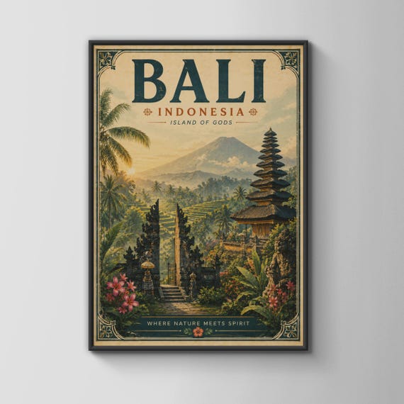 Bali Indonesia Vintage Travel Poster Island Of Gods Temple Wall Art Print