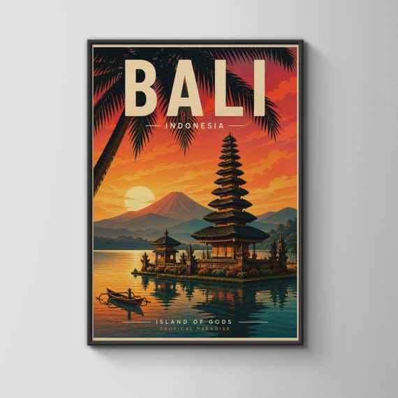 Bali Indonesia Vintage Travel Poster Balinese Temple Sunset Wall Art Print