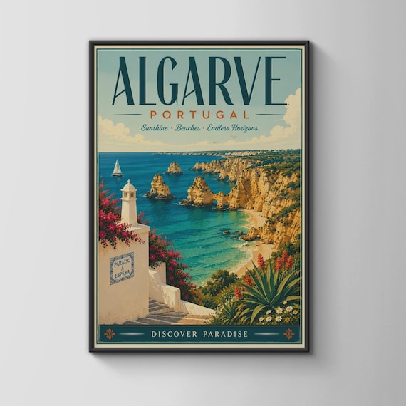 Algarve Portugal Vintage Travel Poster Golden Cliffs Beaches and Blue Sea