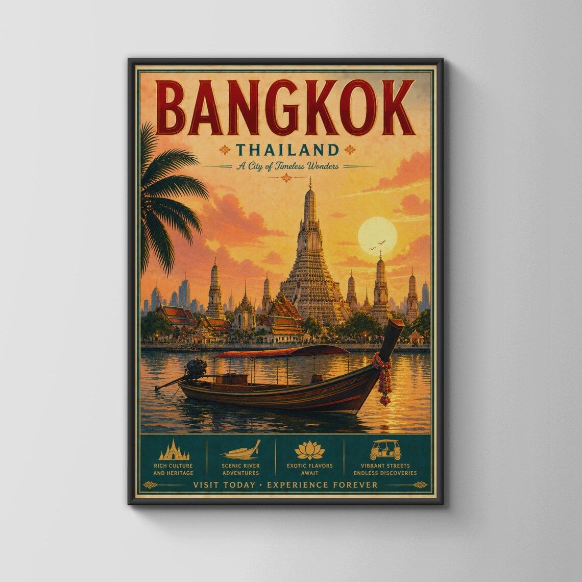 Bangkok Thailand Vintage Travel Poster, Wat Arun