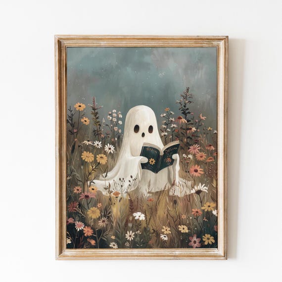 Cute Ghost Reading in Flower Field Halloween Print