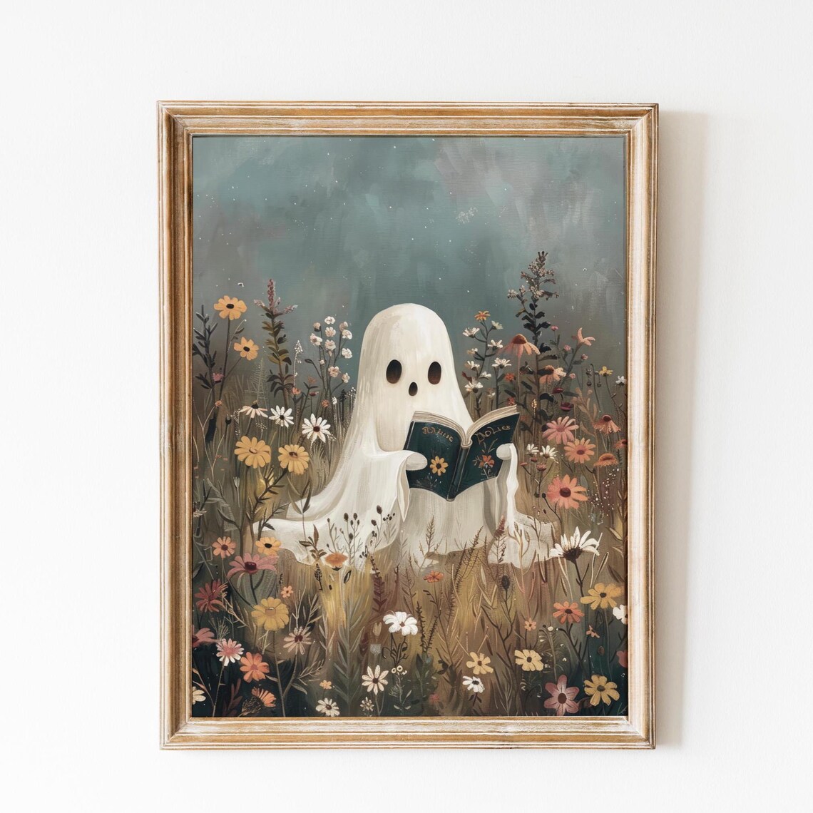 Cute Ghost Reading in Flower Field Halloween Print