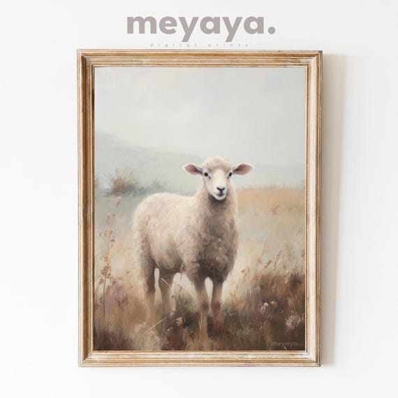 Vintage Sheep Print Sheep Painting Rustic Farmhouse Decor Muted Lamb Print Spring Wall Art Cottagecore Decor Neutral Art Moody Sheep