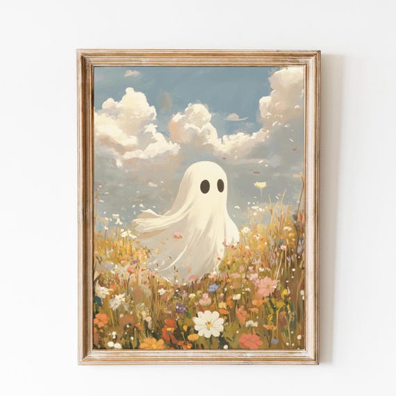 Cute Floral Ghost Painting Vintage Ghost In Flower Field Print Halloween Decor Preppy Ghoul Poster Spooky Halloween Decor Ghost Art