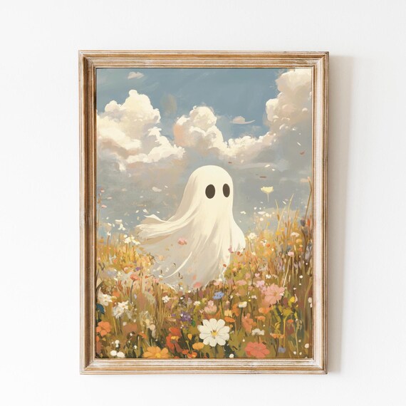 Cute Ghost in Wildflower Field Painting Sweet Art Wall Poster