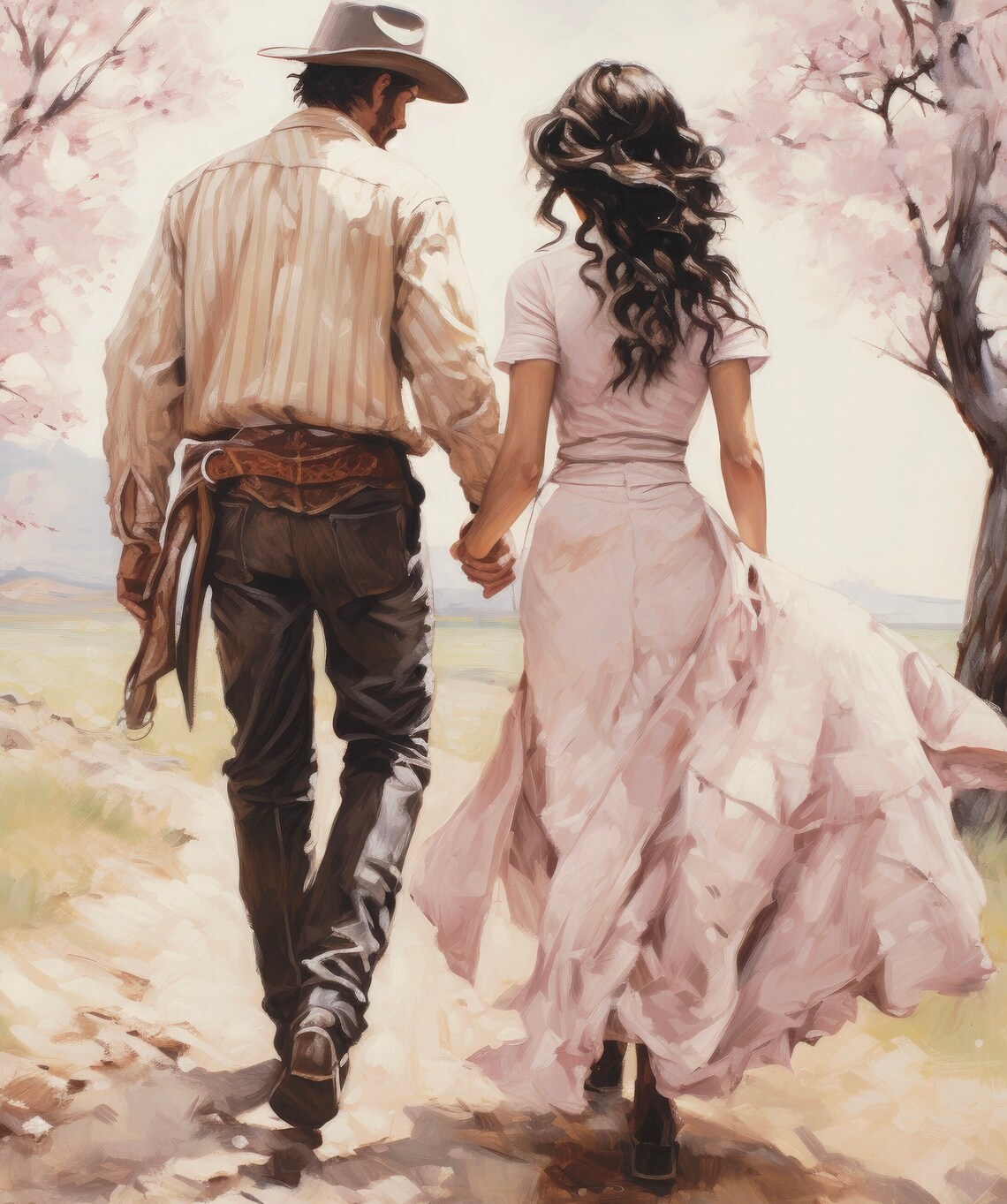 Cowboy Couple Walking Cherry Blossoms Romantic Western Poster - Image 6