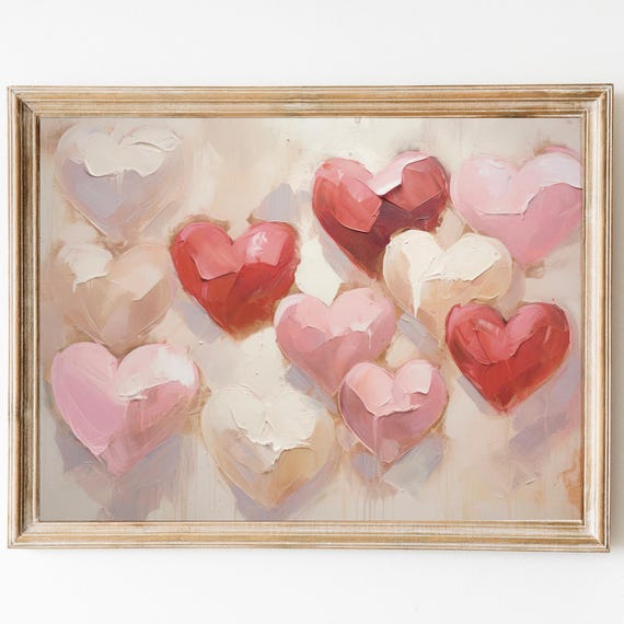 Valentines Day Pink Red Heart Print Vintage Heart Painting Love Wall Art Valentines Gift Romantic Decor Moody Valentines Print Preppy