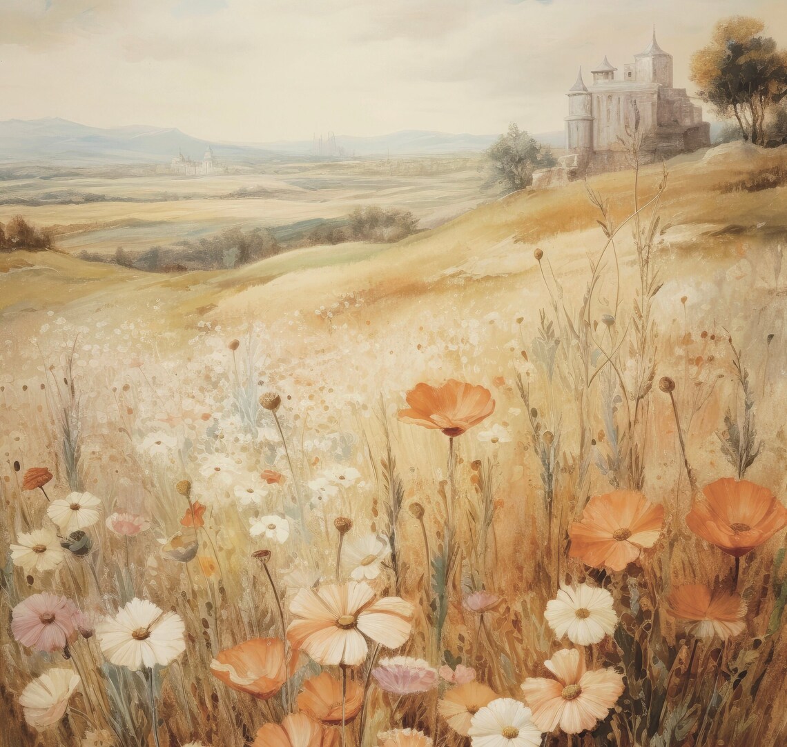Sunlit Golden Wildflower Meadow With Distant Old Castle Vintage Poster - Image 6