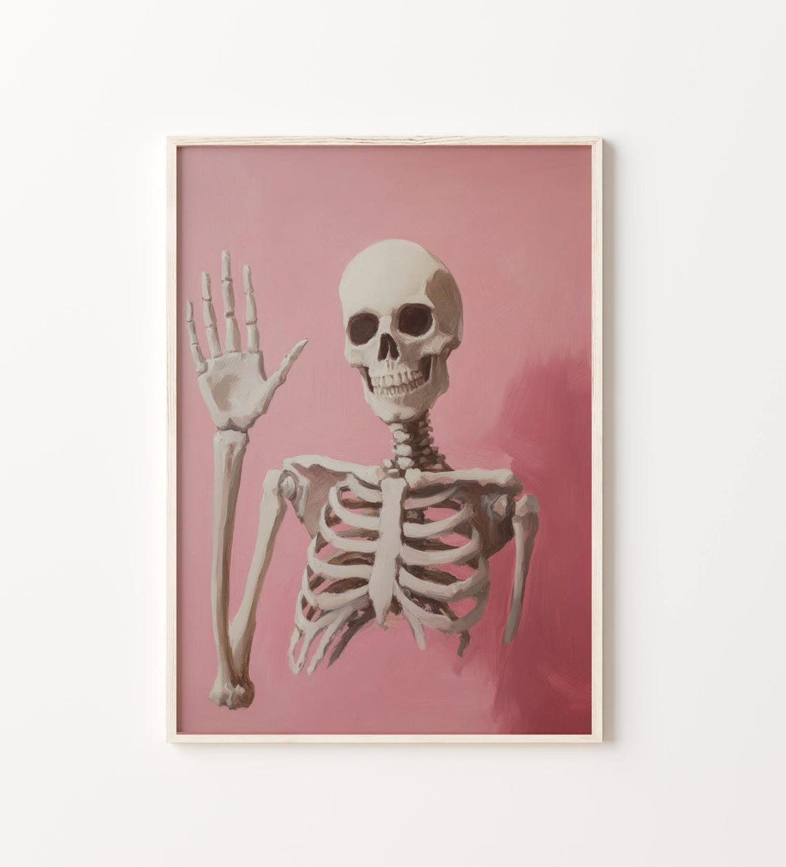 Playful Skeleton Waving Hand On A Pink Background Halloween Poster - Image 4