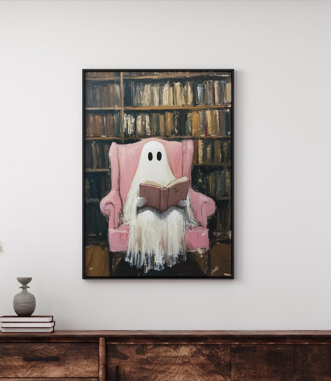 Ghost Reading in Pink Chair Library Halloween Art Wall Poster - Image 3