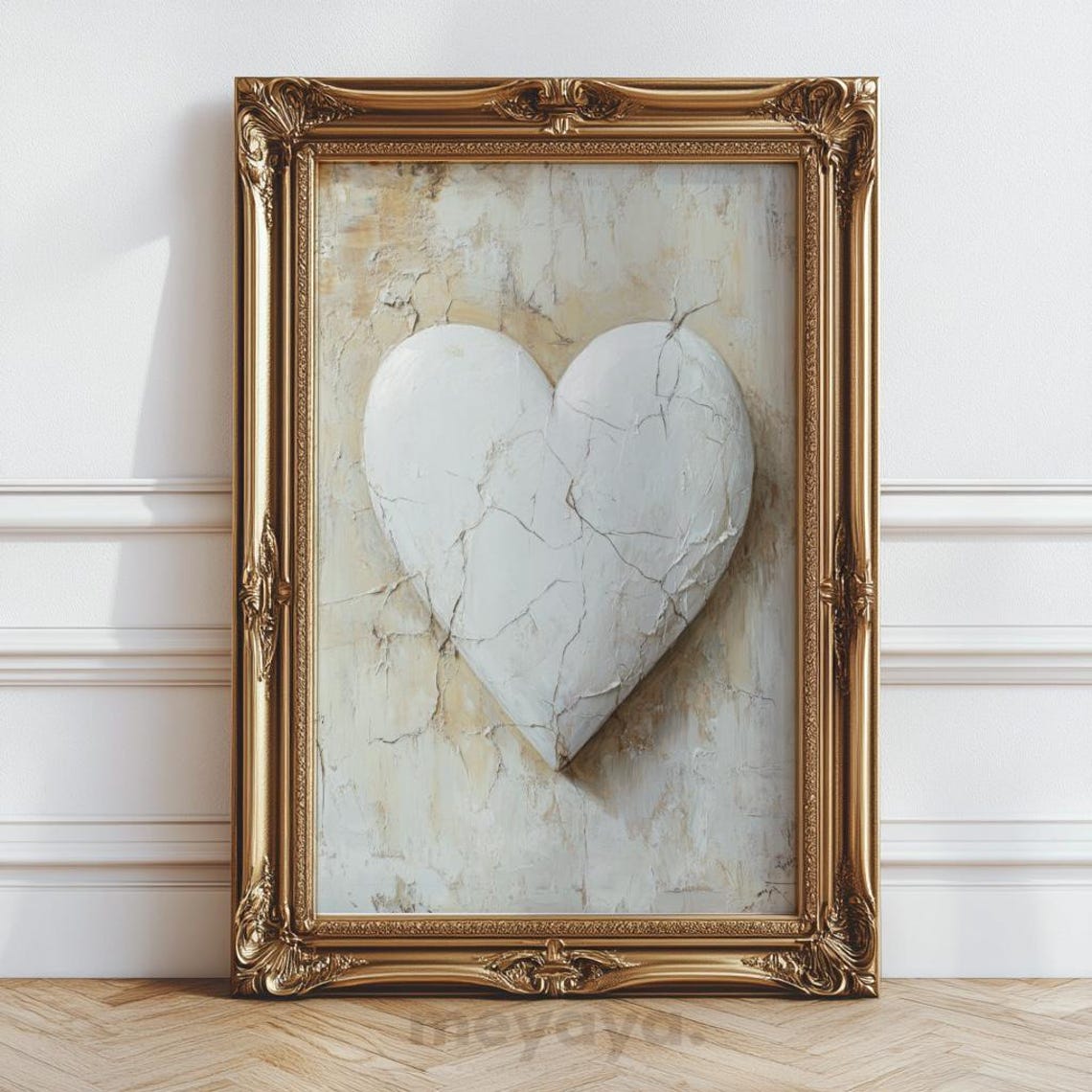 White Cracked Plaster Heart Neutral Vintage Romantic Wall Print - Image 2