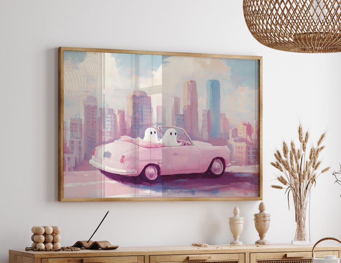 Two Cute Ghosts Riding A Pink Vintage Convertible In The City Poster - Image 3