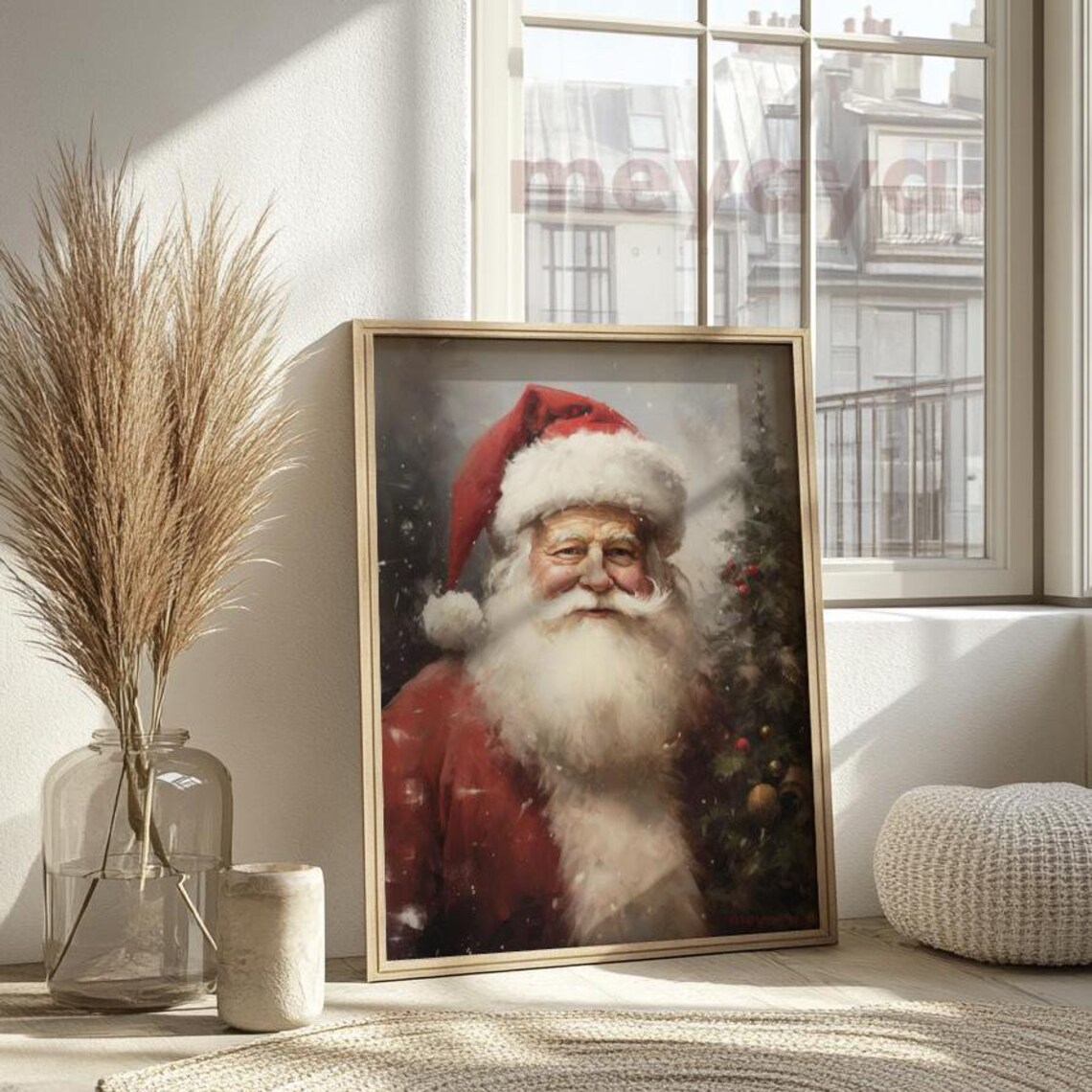 Vintage Santa Claus Print Rustic Classic Santa Portrait Holiday Painting Winter Christmas Seasonal Wall Art Neutral Christmas Print - Image 5