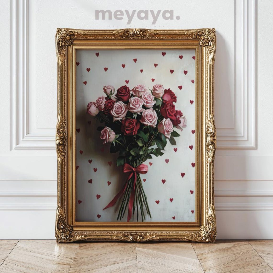 Red Pink Roses Bouquet Romantic Valentines Day Heart Wall Print - Image 5