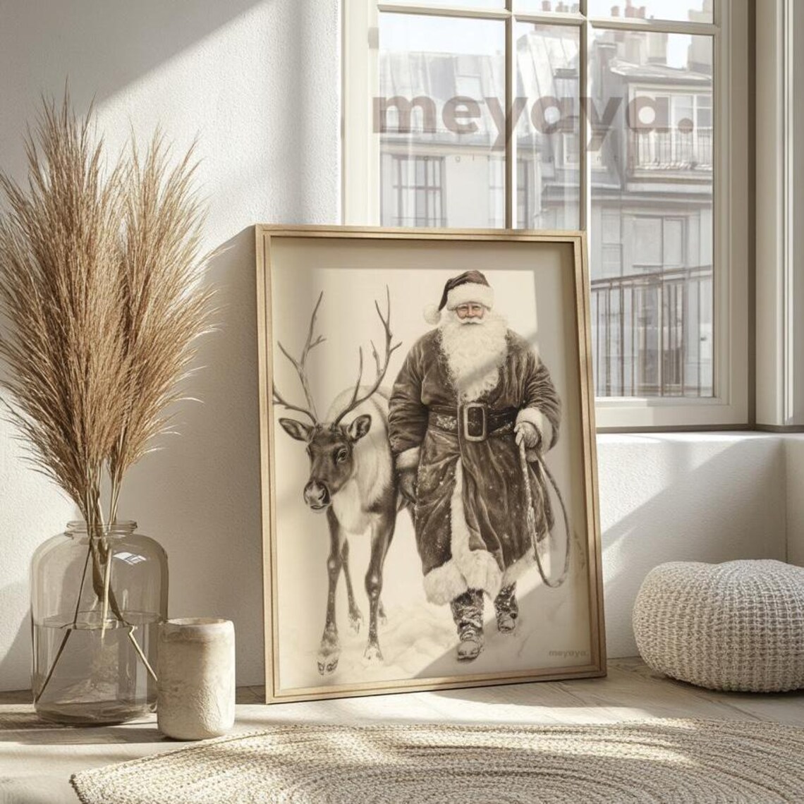 Sepia Santa Claus with Reindeer Walking Snow Rustic Vintage Art Poster - Image 6