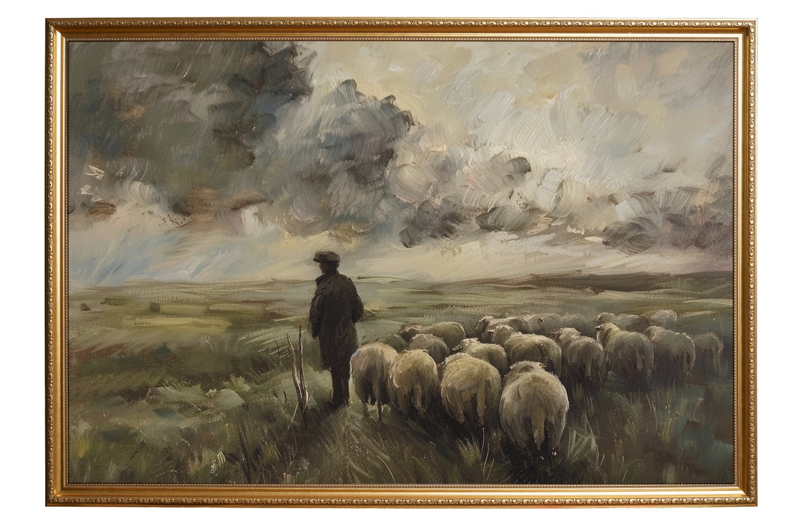 Shepherd With Sheep Flock Moody Pastoral Countryside Farm Poster - Image 4