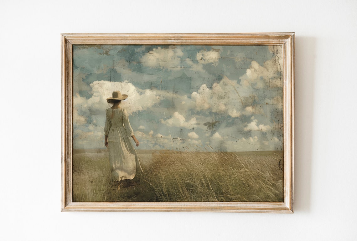 Pioneer Woman Print Muted Country Landscape Print Vintage Farmhouse Decor Woman Walking Wheat Field Painting Neutral Wall Art