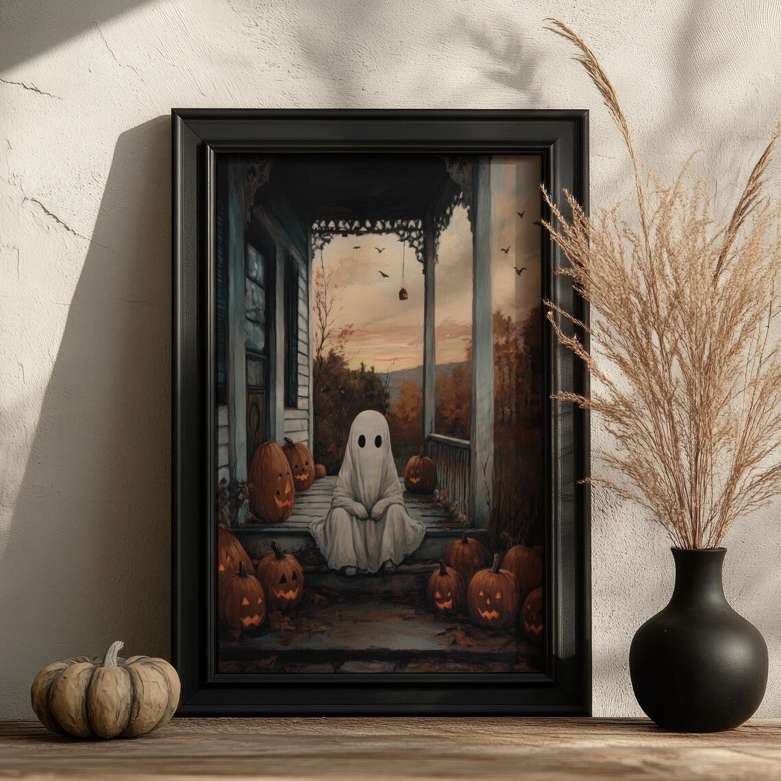 Cute Ghost Sitting On A Spooky Porch Surrounded By Jack O Lanterns Poster - Image 4