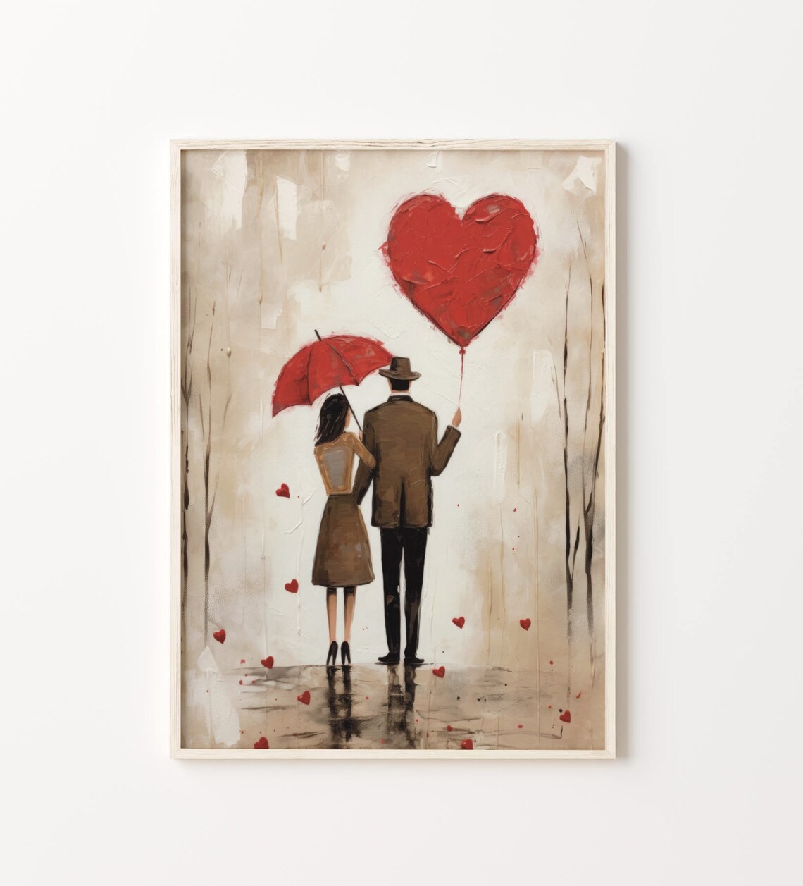Couple Red Heart Balloon Umbrella Rainy Day Romantic Art Poster - Image 4
