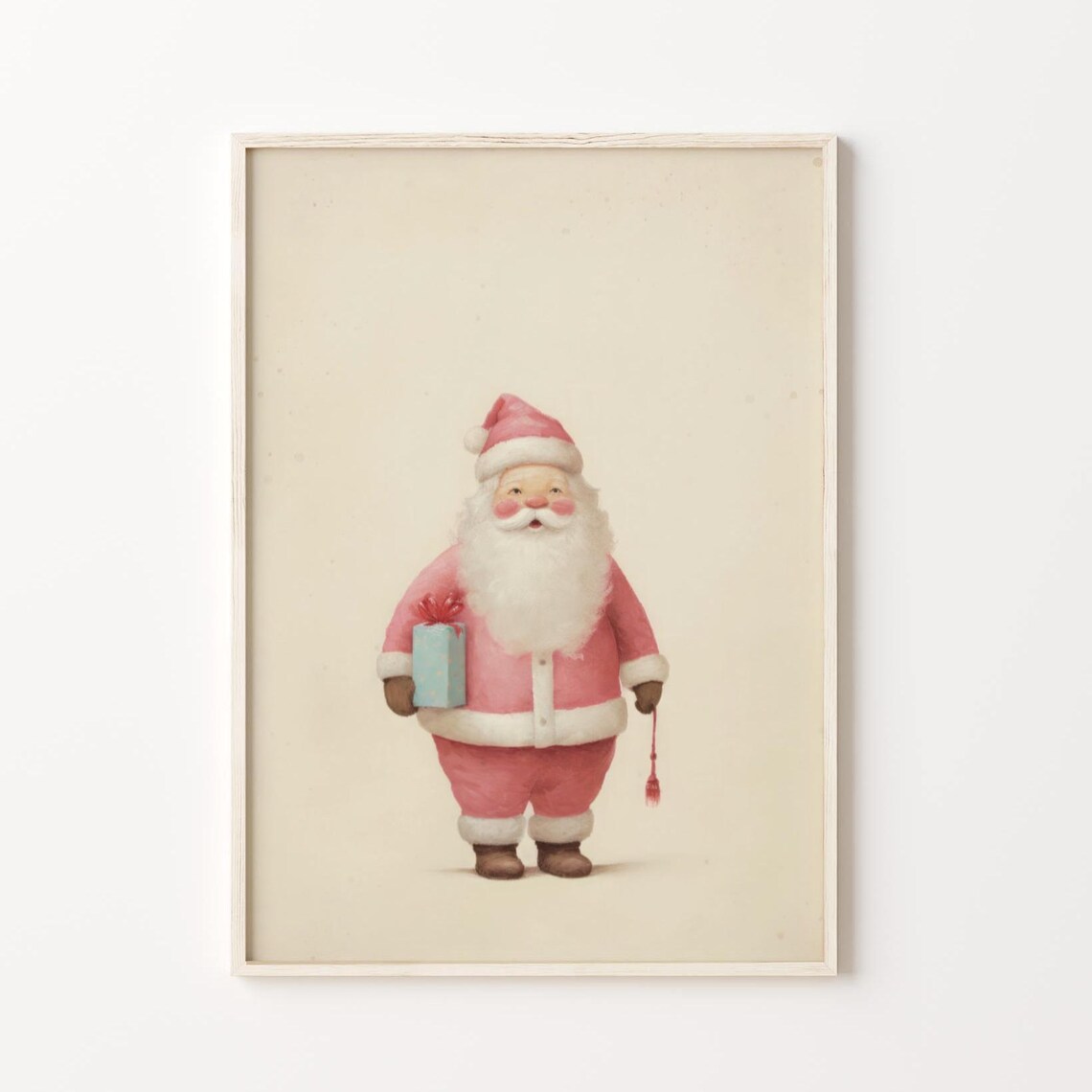 Adorable Pink Santa Claus Holding Gift Pastel Christmas Nursery Poster - Image 4