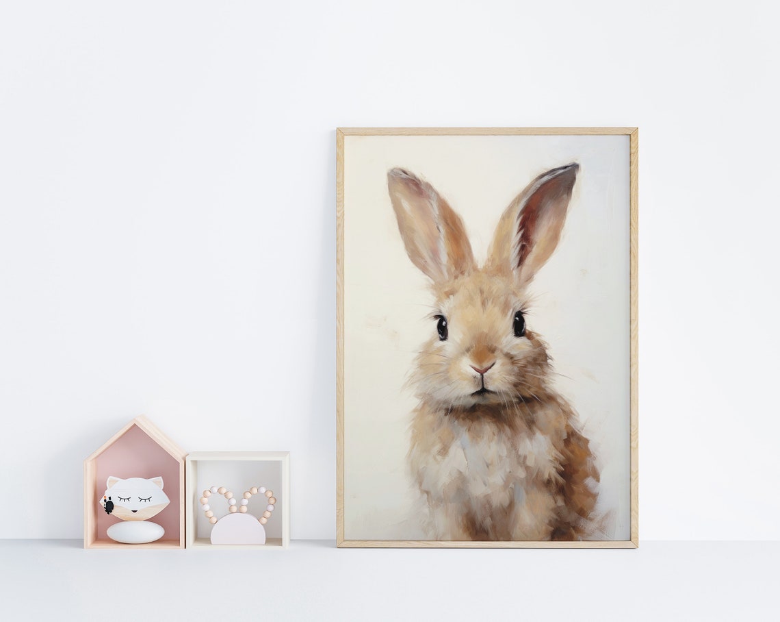 Baby Bunny Portrait Oil Painting Soft Cream Spring Nursery Poster - Image 2