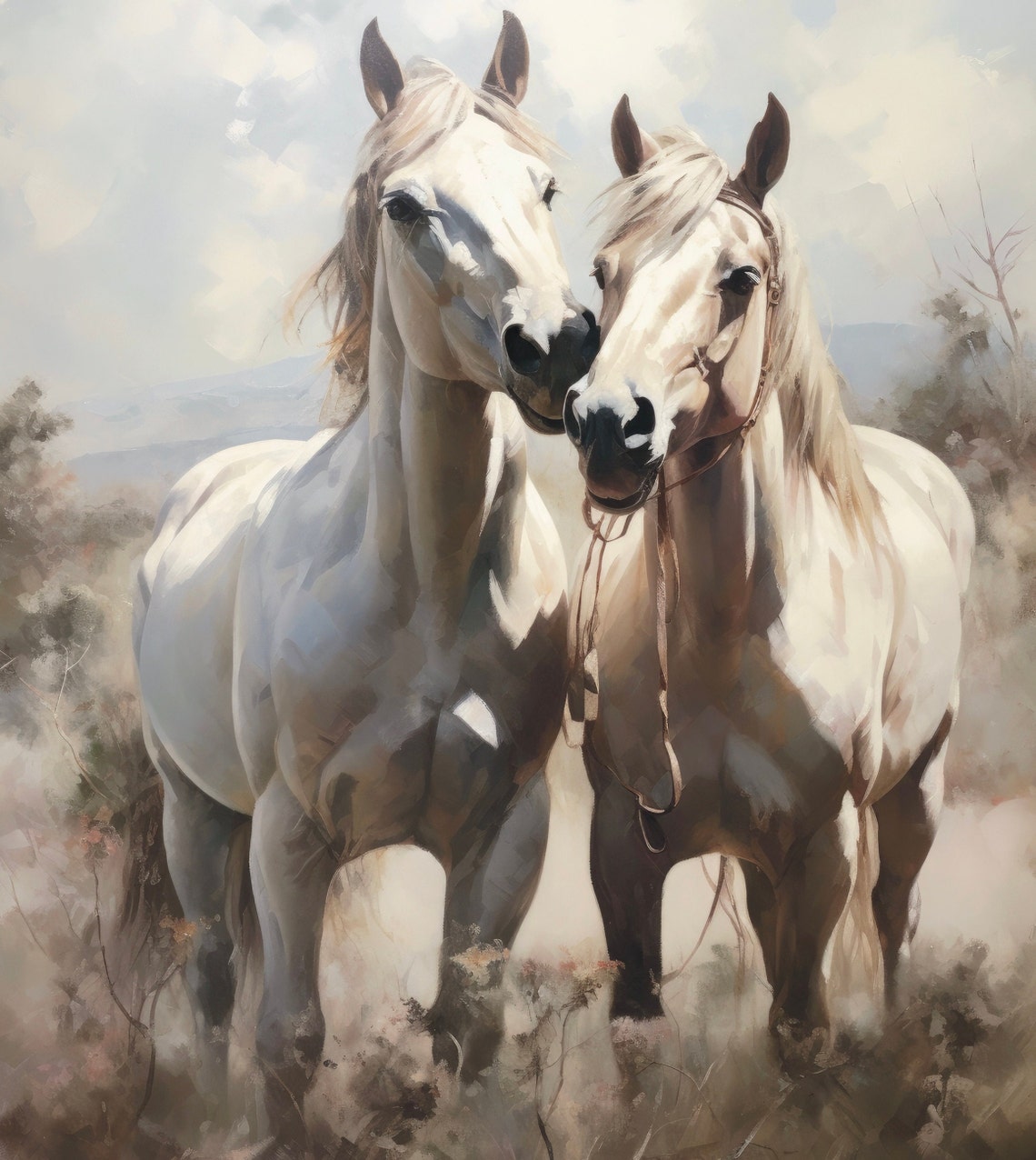 Pair Of White Horses Nuzzling In A Meadow Vintage Equestrian Poster - Image 6