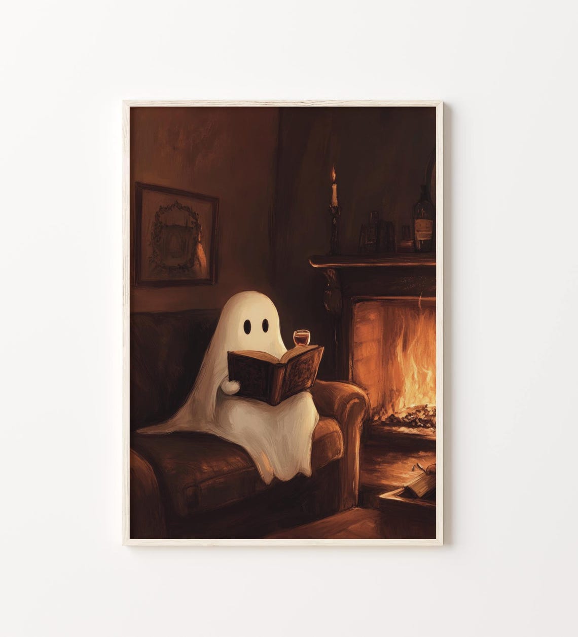 Cozy Halloween Cute Ghost Reading And Drinking Wine Print Dark Academia Cottagecore Ghost Spooky Halloween Fall Print Art - Image 3
