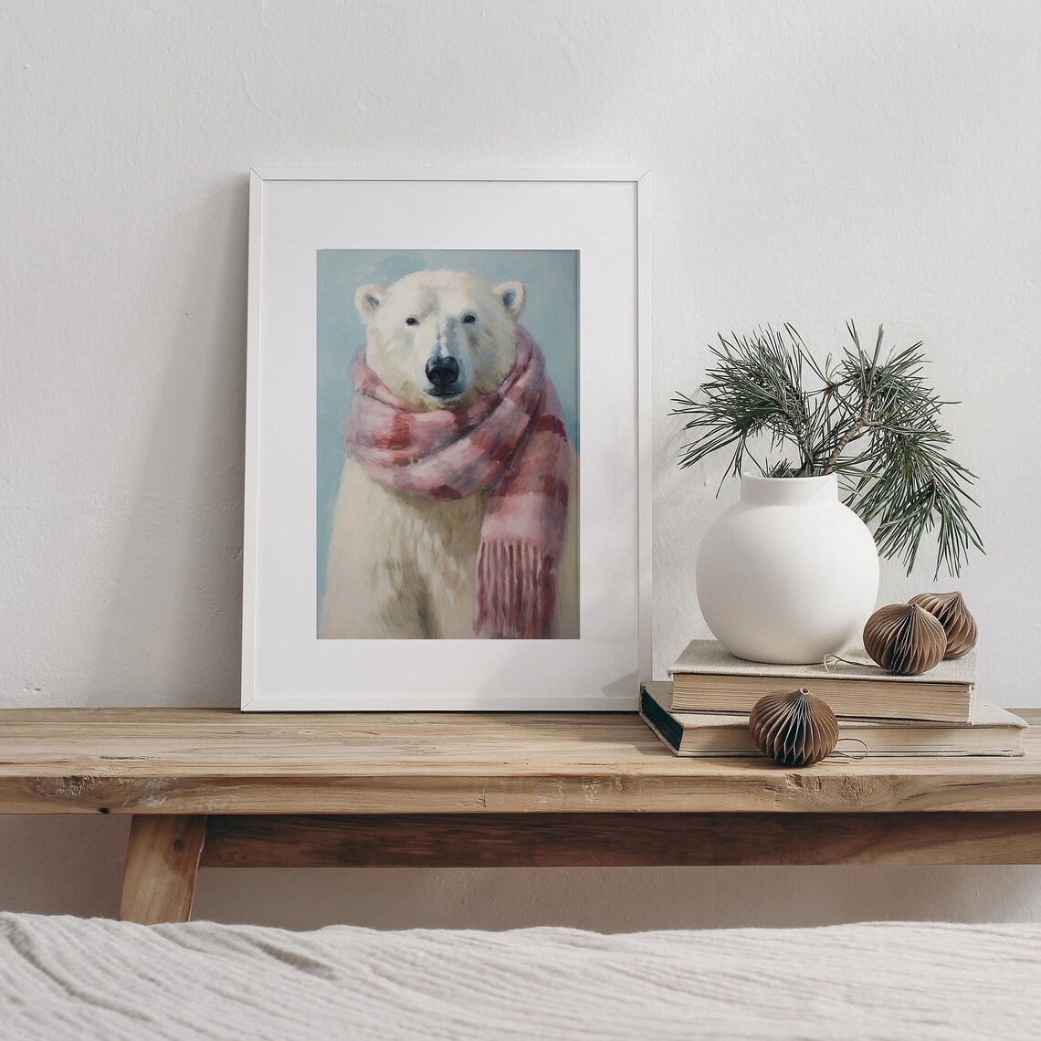 Cute Polar Bear In Pink Plaid Scarf Winter Animal Portrait Poster - Image 2