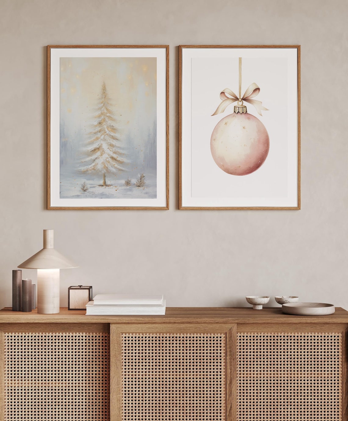 Blush Pink Christmas Ornament Ribbon Watercolor Holiday Poster - Image 3