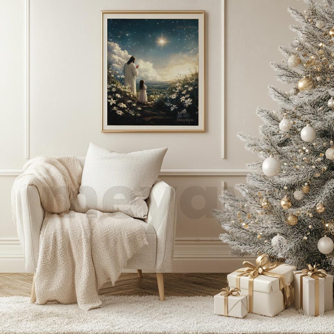 Jesus And Girl Praying Painting Star Of Bethlehem Print Christian Painting I Am A Child Of God Let Us Adore Him Vintage Christmas Decor - Image 2