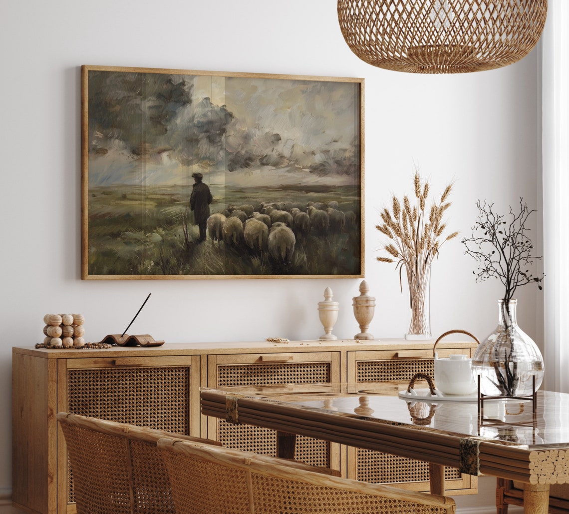 Shepherd With Sheep Flock Moody Pastoral Countryside Farm Poster - Image 5