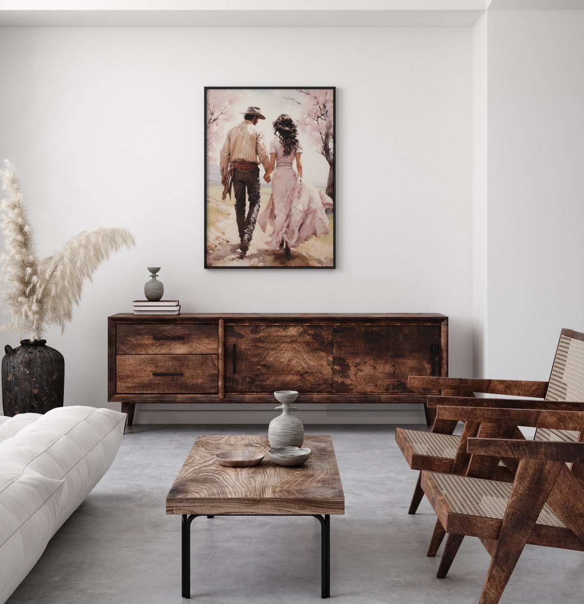 Cowboy Couple Walking Cherry Blossoms Romantic Western Poster - Image 3