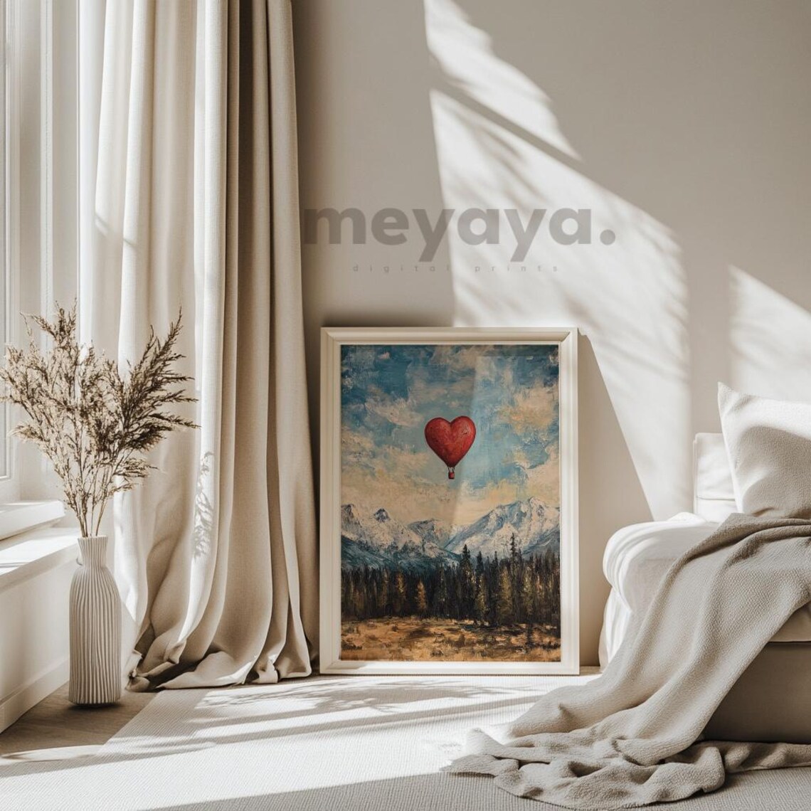 Red Heart Hot Air Balloon Over Moody Mountain Peaks Wall Print - Image 3