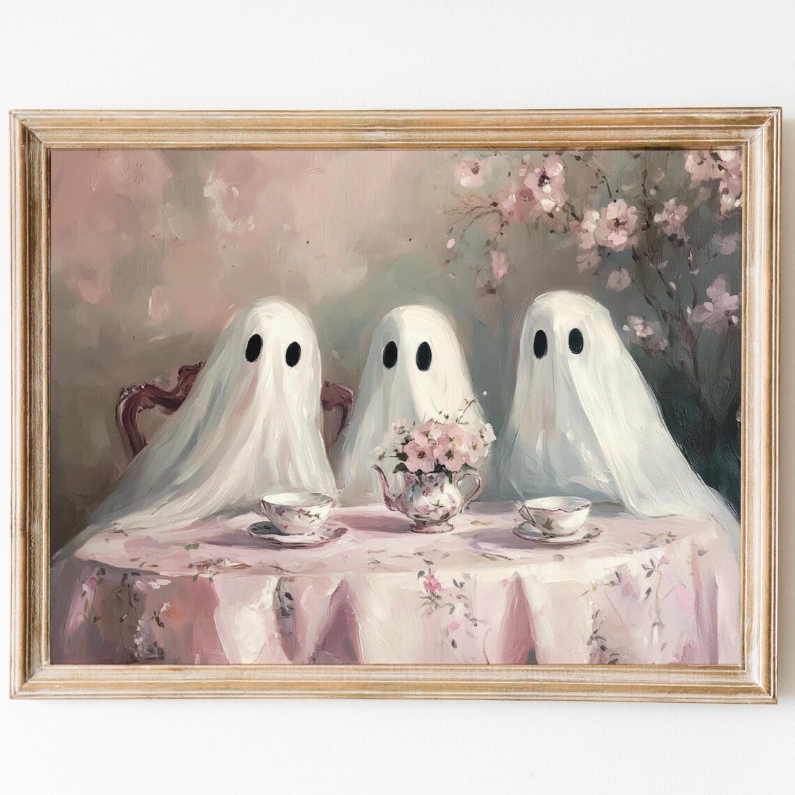 Vintage Ghost Tea Party Art Print, Pink Halloween