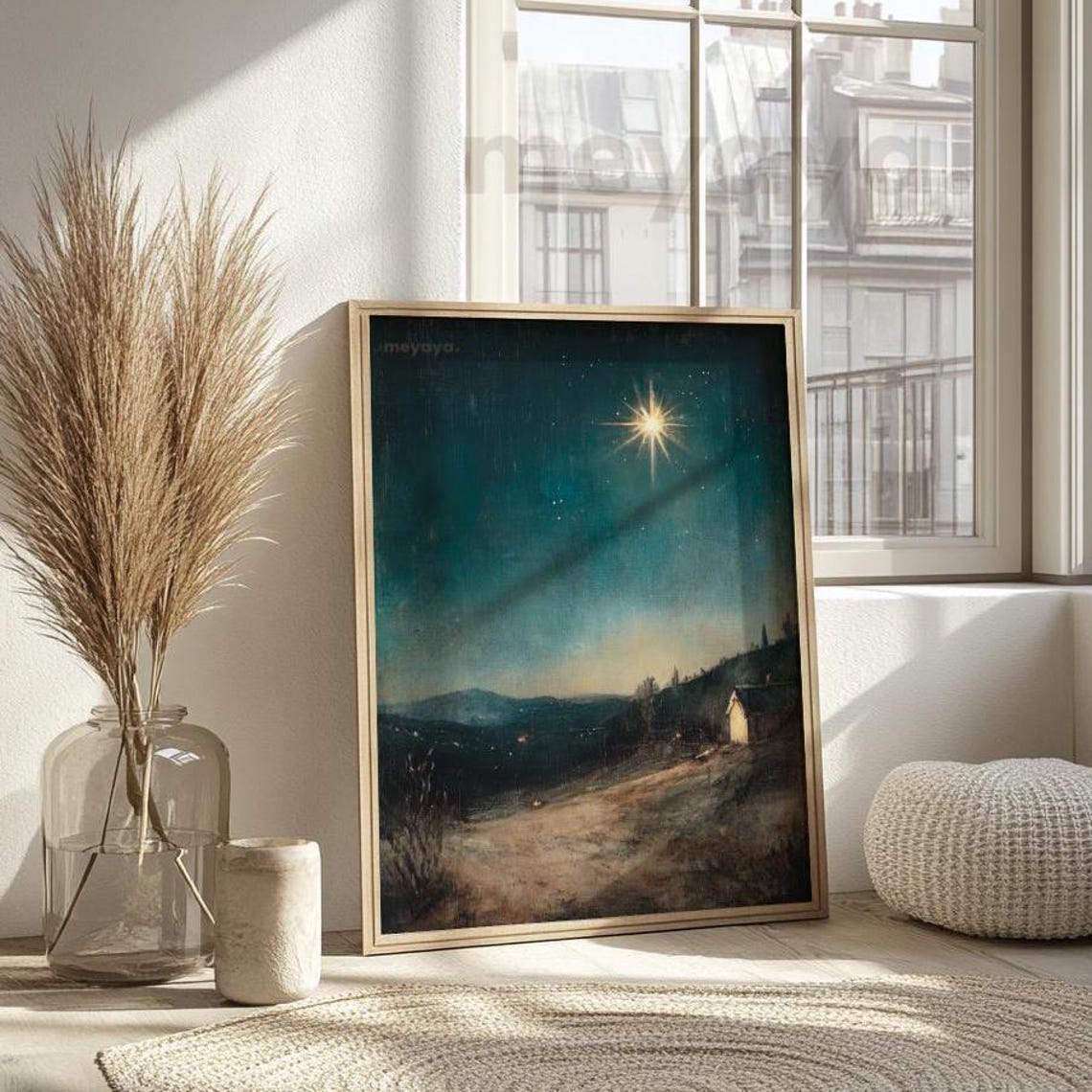Star of Bethlehem Night Hills Cottage Deep Teal Christmas Poster - Image 6