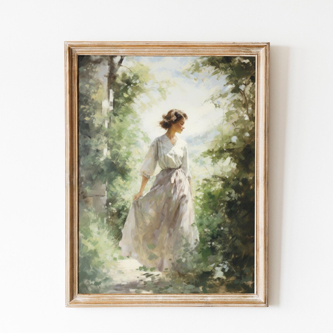 Woman In White Dress Walking Garden Impressionist Art Poster