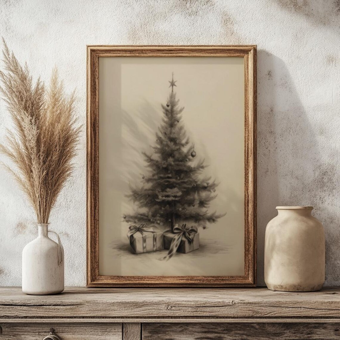 Sepia Pencil Sketch Christmas Tree With Gifts Vintage Holiday Poster - Image 4