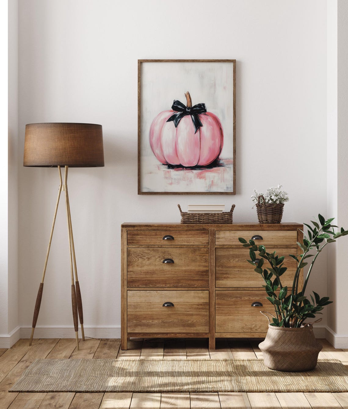 Pink Pumpkin With A Black Bow Minimalist Fall Painting Poster - Image 5