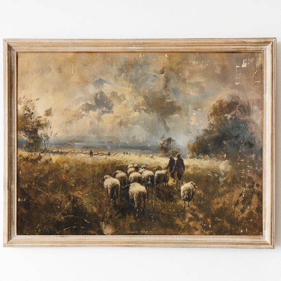 Moody Sheep Painting Spring Decor Sheep Print Farmhouse Decor Vintage Country Landscape Antique Art Print Moody Art Print