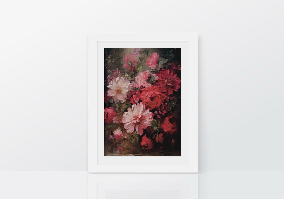 Moody Dark Botanical Roses Pink Red Floral Oil Painting Poster - Image 2