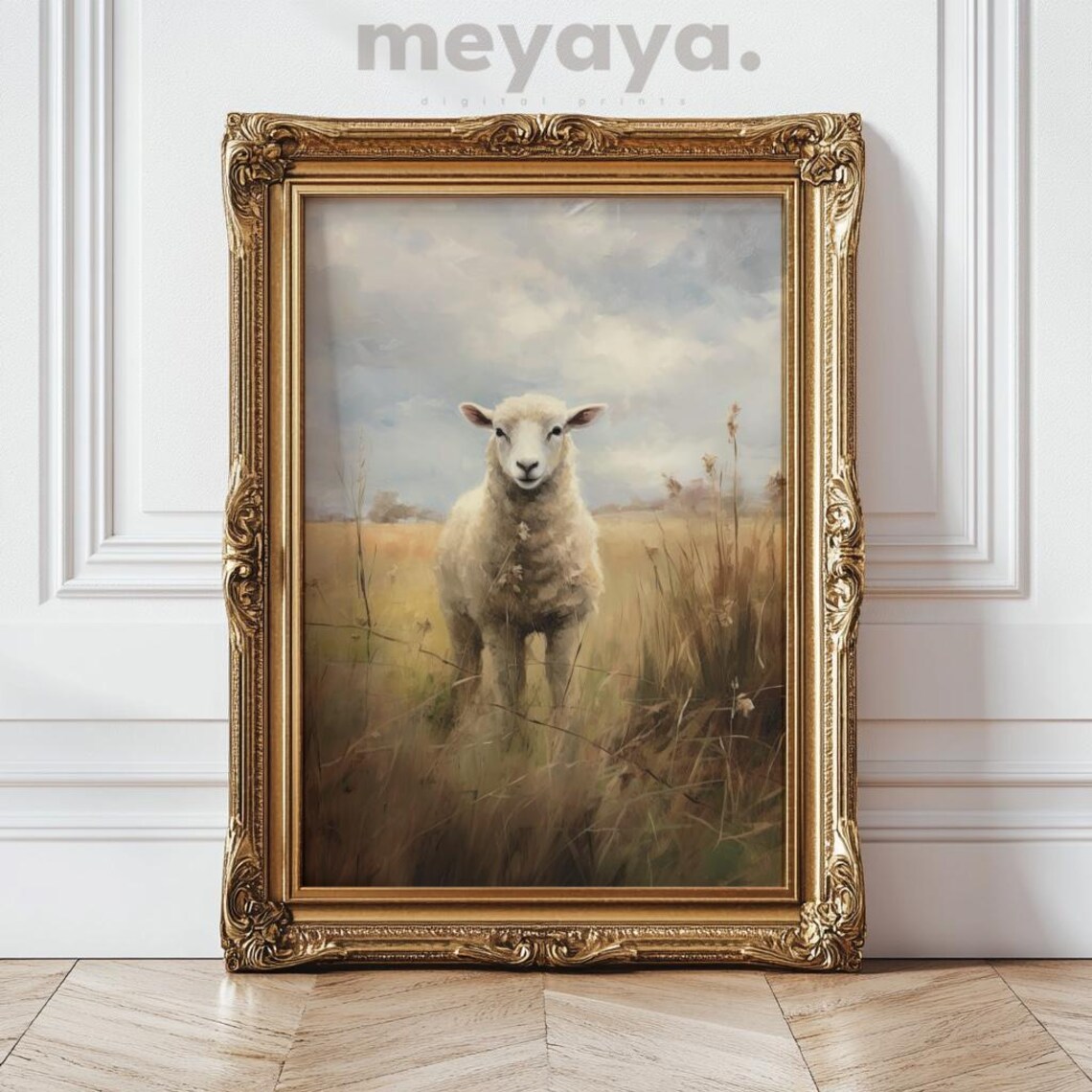 White Sheep Lamb Moody Field Vintage Oil Painting Wall Print - Image 5